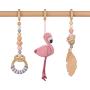 Pink and gray baby gym mobiles.Set of 3: Flamingo, feather, ring. Wooden play gym hangers. Crochet rattle. Baby shower gift. Sensory development.