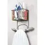 mDesign Wall Mount Metal Ironing Board Holder with Small Storage Basket - Holds Iron, Board, Spray Bottles, Starch, Fabric Refresher for Laundry Rooms - Bronze