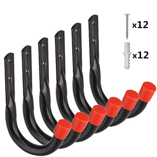 Heavy Duty Utility Garage Storage Hooks,Universal Wall Mount J Organizer Hangers for Hoses,Garden Tools,Cords,Cables,Toy Bag (6 Pcs Black 4.1" Hook)