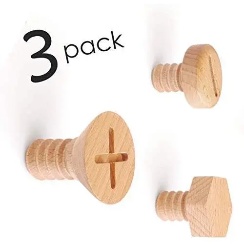 3 Pack, Natural Wooden Coat Hooks, Wall Mounted Single Wall Hook Rack, Clothes Hat Hanger Towel Rack (White Walnut),Toddler Baby Room Screw Like Unique Hook