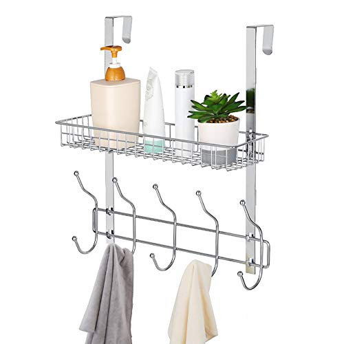 Nandae Over The Door 5 Hooks Shelf Organizer Hanger with Mesh Basket Storage Rack for Bathroom Kitchen Storage Shelves, Chrome