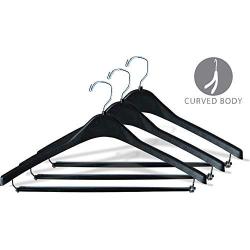 The Great American Hanger Company Heavy-Duty Black Plastic Coat Hanger with Locking Wooden Pant Bar, (Box of 50) 1/2 Inch Thick Countoured Hanger with Chrome Swivel Hook