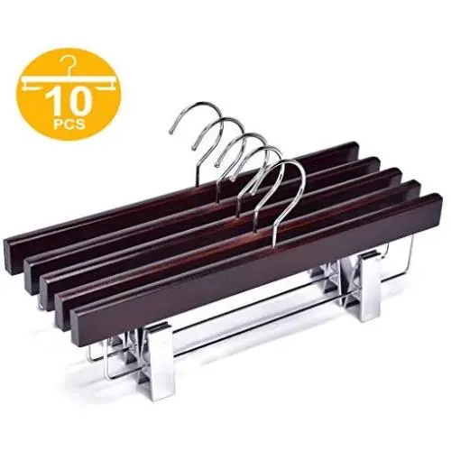 JS HANGER Premium Wooden Pant Skirt Hangers with 2-Adjustable Clips, Walnut Finish, 10-Pack JS HANGER Premium Wooden Pant Skirt Hangers with 2-Adjustable Clips, Walnut Finish, 10-Pack