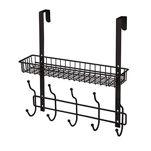 Coat Rack Over The Door Basket Hook Metal Shelf Organizer Black with 5 Hooks and Basket Storage Fit Well at Bedroom Kitchen Bathroom Office for Towels Hats
