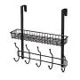 Coat Rack Over The Door Basket Hook Metal Shelf Organizer Black with 5 Hooks and Basket Storage Fit Well at Bedroom Kitchen Bathroom Office for Towels Hats