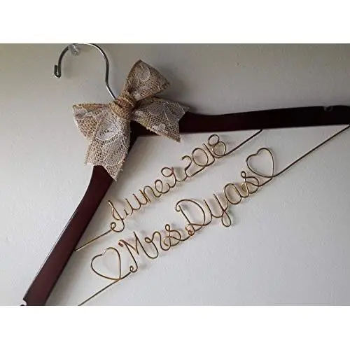 Rustic Wedding Hanger, Wedding Hanger, Bridal Hanger with Date, Personalized Custom Bridal Hanger, Brides Hanger, Name Hanger, Wedding Hanger With Bow, With Hearts, Burlap
