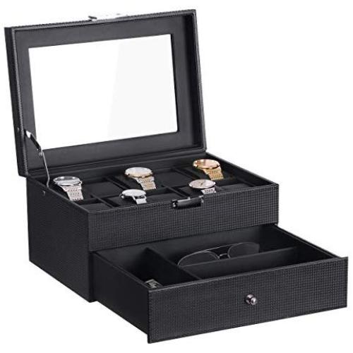 BEWISHOME Watch Boxes Organizer with Valet Drawer - Real Glass Top, Metal Hinge, Large Holder, Black Carbon Fiber Faux Leather - 10 Slots Watch Storage Case Jewelry Boxes for Men SSH14C