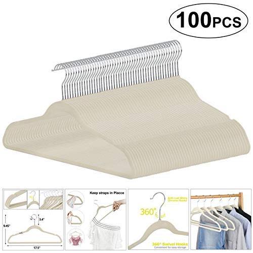 Nova Microdermabrasion No-Slip Velvet Hangers -100 Pack Suit Clothes Hanger Hook Ultra Thin for Shirts Coat, Suit - Space Saving Swivel 360 Degree Beige