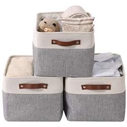 DECOMOMO Large Foldable Storage Bin [3-Pack] Collapsible Sturdy Cationic Fabric Storage Basket Cube W/Handles for Organizing Shelf Nursery Home Closet & Office - Grey & White 15 x 11 x 9.5