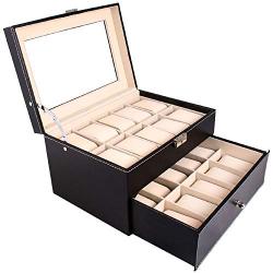 Chirde 20 Slots Watch Boxes Jewelry Display Case, Dual Layer Watch Holder Organizer with Lock and Key (US Stock)