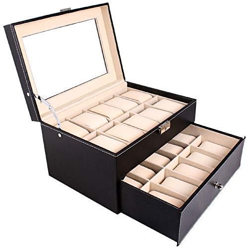 Chirde 20 Slots Watch Boxes Jewelry Display Case, Dual Layer Watch Holder Organizer with Lock and Key (US Stock)