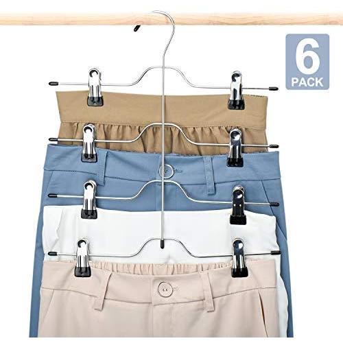 HOUSE DAY Skirt Hangers 4 Tier Skirt Hangers with Clips,6 Pack Space Saving Pants Hangers,Multi Slack Skirt Hanger Metal Trouser Clip Hangers for Slack,Trouser,Jeans,Towels