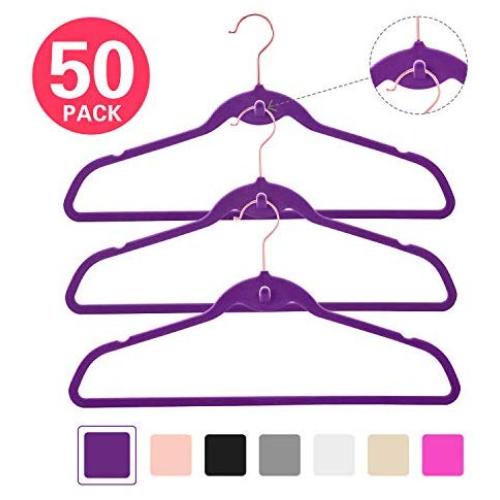 MIZGI Premium Cascading Velvet Hangers (Pack of 50) Heavyduty - Non Slip Hangers with Cascading Hooks Dark Purple - Copper/Rose Gold Hooks,Space Saving Clothes Hangers (Dark Purple)