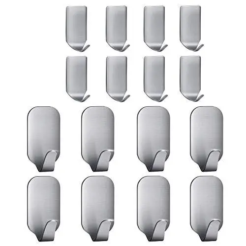 Adhesive Hooks,Heavy Duty Wall Hooks Stainless Steel Ultra Strong Waterproof Hanger for Keys, Towel, Coat, Bags, Robe, Home, Kitchen, Bathroom - 16 Pack