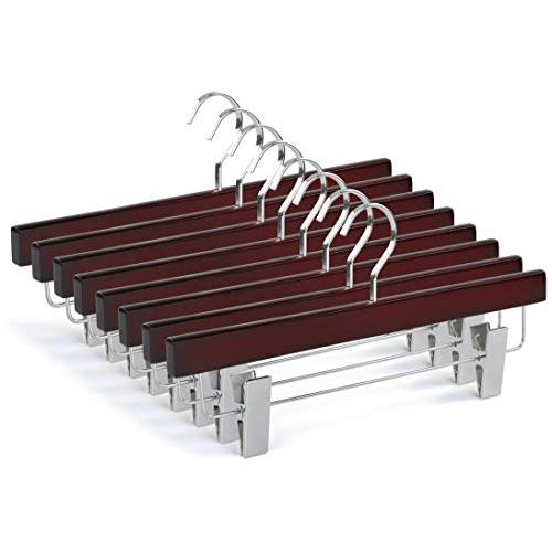 TOPIA HANGER 20-Pack Cherry Wooden Pants Hangers, Luxury Wood Skirt Hangers, Glossy Finish with Extra Thick Chrome Hooks & Anti-Wrinkle Clips CT03M