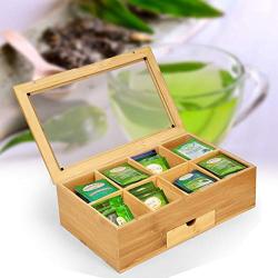 Bamboo Tea Boxes Storage Chest, Mosunx 8 Compartments Organizer Chest with Drawer and Clear Hinged Lid, Wooden Tea Bag Holder (Original Wood, 13X8X4Inch)