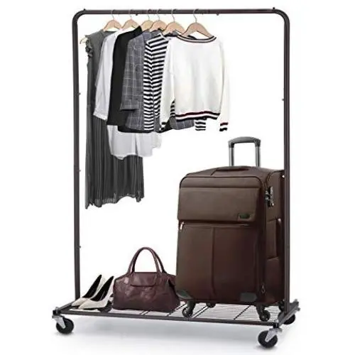 Simple Trending Clothes Garment Rack, Clothing Rolling Rack with Mesh Storage Shelf on Wheels, Bronze Simple Trending Clothes Garment Rack, Clothing Rolling Rack with Mesh Storage Shelf on Wheels, Bronze