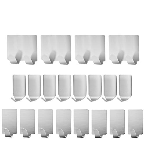 BUNDLEPRO Pack of 20 Adhesive Hooks, Heavy Duty Stainless Steel Wall Hangers for Coats, Bags, Towel, Kitchen Utensils, Tools, Rust Proof, Waterproof, for Bedroom, Kitchen, Bathroom or Office