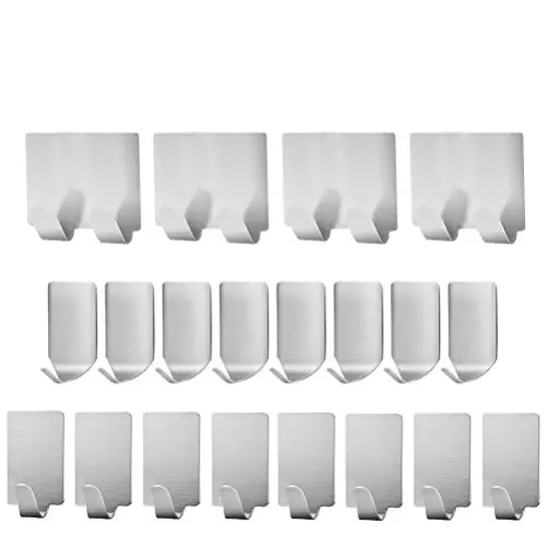 BUNDLEPRO Pack of 20 Adhesive Hooks, Heavy Duty Stainless Steel Wall Hangers for Coats, Bags, Towel, Kitchen Utensils, Tools, Rust Proof, Waterproof, for Bedroom, Kitchen, Bathroom or Office