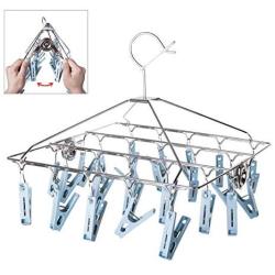 Foldable Clip and Drip Hanger, Sock Hanger Underwear Hanger with 24 Clothespins, Hanger for Drying Towels, Bras, Baby Clothes, Gloves, Stainless Steel Portable Laundry Sock Drying Rack, Small