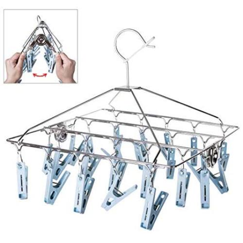 Foldable Clip and Drip Hanger, Sock Hanger Underwear Hanger with 24 Clothespins, Hanger for Drying Towels, Bras, Baby Clothes, Gloves, Stainless Steel Portable Laundry Sock Drying Rack, Small