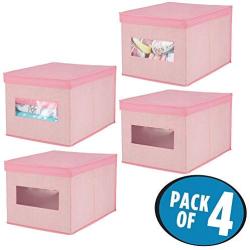 mDesign Decorative Soft Stackable Fabric Closet Storage Organizer Holder Boxes - Clear Window, Lid, for Child/Kids Room, Nursery - Large, Collapsible Foldable - Herringbone Print, 4 Pack - Pink