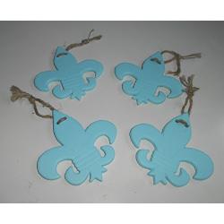 Four Fleur Delis, Hanging Ornaments, Aqua, Jute Hangers, Hand Painted, Shabby Chic Ornaments, Ceramic