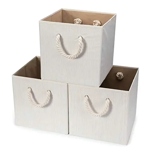 Hadioo 3 Pack Foldable Bamboo Fabric Storage Bins for Cube Organizer with Cotton Rope Handles, Collapsible Basket Boxes Organizer for Shelves and Closet? Beige 13x13x13 inch