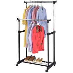 Finnhomy Double Rail Adjustable Rolling Garment Rack with Bottom Shelf - Clothes Hangers with Wheels - Rolling Clothes Organizer, Black and Chrome