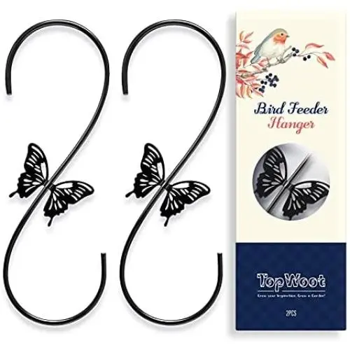 TopWoot Attractive Bird Feeders Hanger 12-Inch, 2PCS Metal Hummingbird Feeders Hook, Outdoor Steel S Hook with Butterfly Design, for Hanging Plant, Wind Chimes, Lanterns (Black)