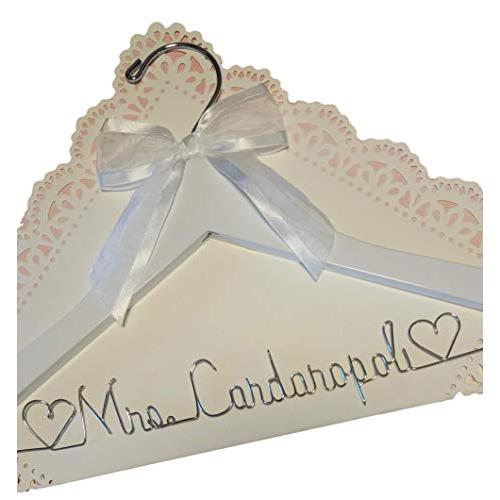 Bride Wedding Dress Hanger Personalized Name 9 Bow Color Choices Silver - White Hanger with Notches in Hanger - Custom Name, Bridal Bridesmaid Gift