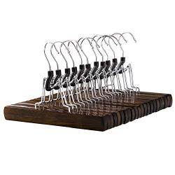 SONGMICS Pants Hangers, Set of 12 Solid Wood Hanger, Anti-Slip Felt, 360° Swivel Hook, Clamp Skirt Hanger, Dark Walnut Color UCRW07V12