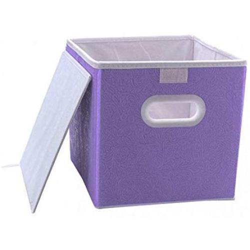 uxcell Collapsible Fabric Storage Bins Cubes Baskets Containers with Dual Plastic Handles, Foldable Fabric Drawer Organizer Storage Boxes with Lid for Home Closet Bedroom Purple