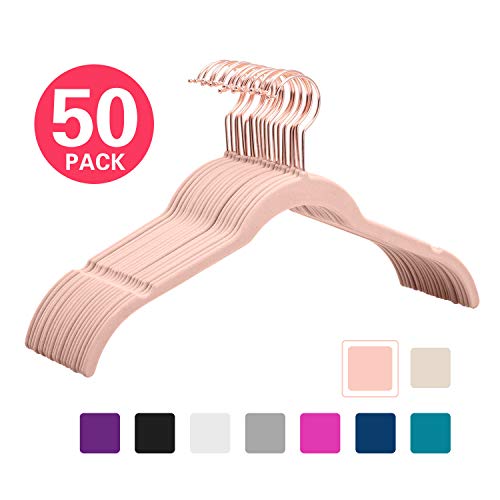 MIZGI Premium Kids Velvet Hangers (Pack of 50) 14 Wide with Copper Rose  Gold Hooks,Space Saving,Nonslip Huggable Closet Hangers for Petite Junior