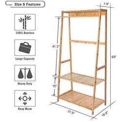 Ufine Bamboo Clothing Garment Rack Heavy Duty Coat Hanging Rack with 6 Hooks, 3 Tier Storage Shelves for Clothes Shoes Hats, in Entryway, Bedroom, Living Room, Guest Room, Apartment and Dorm