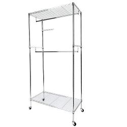 Wzerry Clothing Rack, Heavy Duty Rolling Garment Rack with Double Hanger Rods Clothes Rack, Portable Closet Organizer Rack with Wheels Casters (35.4 x 17.7 x 70.9-Silver)