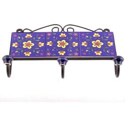 Indianshelf Handmade 2 Artistic Vintage Blue Ceramic Tiny Flower Clothes Hooks Tile Hanger/Coat Hooks Wall Mounted