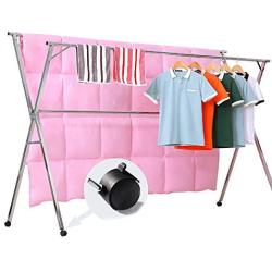 Reliancer Free Installed Clothes Drying Rack Stainless Steel Foldable Rack Hanger Space Saving Retractable 43.3-59 inch Clothes Rack Adjustable Clothes Hanger Rolling Rack with 4 Casters & 10 Hooks