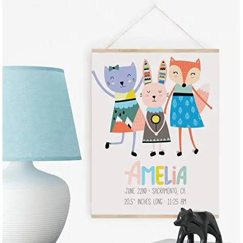 Woodland Nursery Art with Personalized Baby Girl Birth Stats, Poster Hanger Available