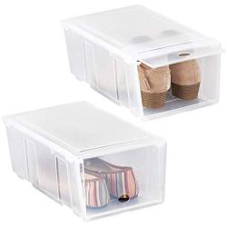 mDesign Stackable Closet Plastic Storage Bin Boxes with Lid - Container for Organizing Mens and Womens Shoes, Sandals, Wedges, Flats, Heels and Accessories - Small, 2 Pack - Clear Frost