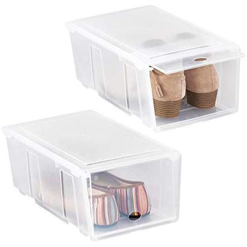 mDesign Stackable Closet Plastic Storage Bin Boxes with Lid - Container for Organizing Mens and Womens Shoes, Sandals, Wedges, Flats, Heels and Accessories - Small, 2 Pack - Clear Frost