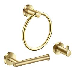 Marmolux Acc Bathroom Hardware Accessories Set 3-Piece Gold Brushed Bathroom Hardware Sets Modern Towel Ring Robe Hook Hanger Toilet Paper Holder Heavy Duty Stainless Steel Wall Mounted