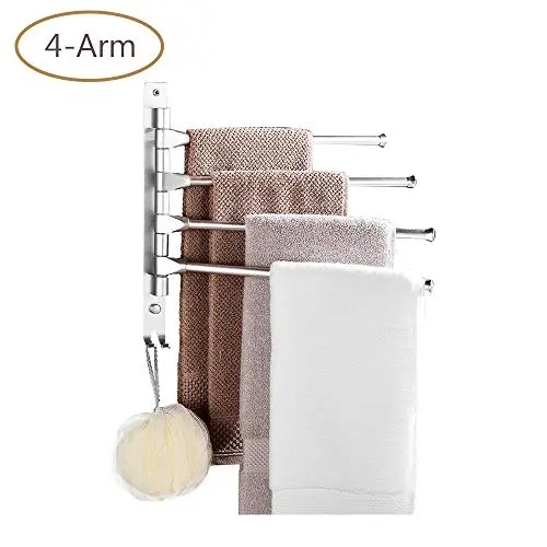 DMSL Swivel Towel Rack Space Aluminum 4-Arm Bathroom Swing Hanger Folding Towel Bar Bathrobe Holder Storage Organizer Wall-Mounted Brushed Finish Easy Install