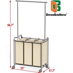 DecoBros Heavy-Duty 3 Bag Laundry Sorter Cart with Hanging Bar