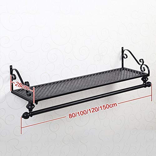 LANN Retro Iron Wall-Mounted Floating Coat Rack,with Shelf Wall Shelf Storage Racks Display Stand Hangers Clothes Drying Rack Heavy Duty (Color : Black, Size : 80cm)