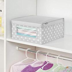 mDesign Soft Stackable Fabric Closet Storage Organizer Holder Boxes - Clear Window and Lid, for Child/Kids Room, Nursery, Playroom - Polka Dot Print - Medium - Light Gray with White Dots