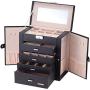 Cosway 5-Tier Large Leather Jewelry Organizer Boxes Mirrored Watch Organizer Necklace Ring Earring Storage Lockable Gift Case (5 Layers Black)