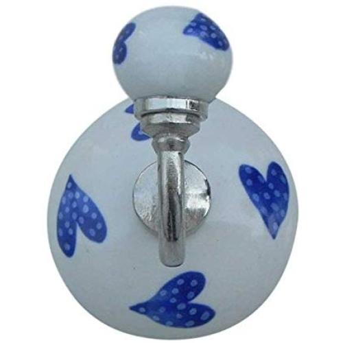 Indianshelf Handmade 1 Artistic Vintage Blue Ceramic Heart Rail Hooks Hangers/Key Hooks for Modern Wall