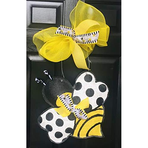 Polka Dot Bee Burlap Door Hanger- Bee Burlap Door Hanger-Spring Door Hanger- Spring Wreath- Bee Wreath-Door Decor