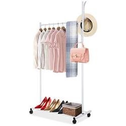 Liusin Portable Clothes Garment Rack On Wheels, Heavy Duty Iron Frame Clothing Rolling Stand Rack Hanging Closet Organizer with Bottom Shelf and Coat Hanger for Home Entryway Bedroom Balcony, White